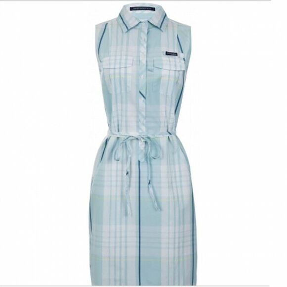 NWT New Womens Columbia White Blue Plaid Dress PFG M Slits Pockets Cotton Logo - Picture 2 of 9